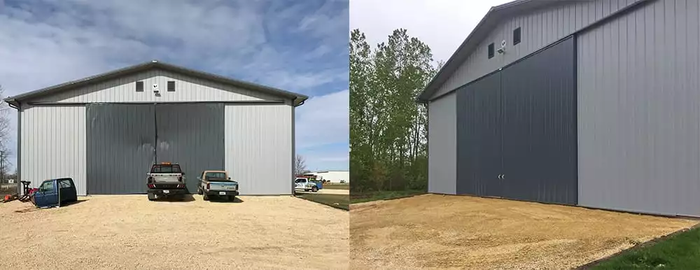 combined image showing door damage to a building and the repair job